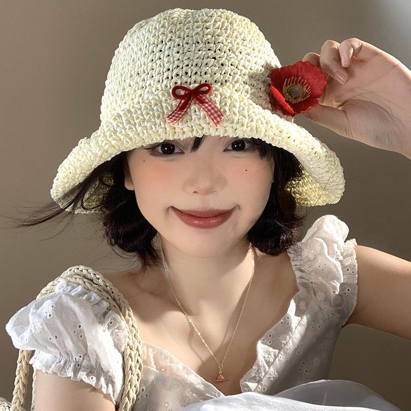French Hollow Bow Woven Straw Hat Women's Seaside Vacation Fisherman Sun Shading Protection Trendy