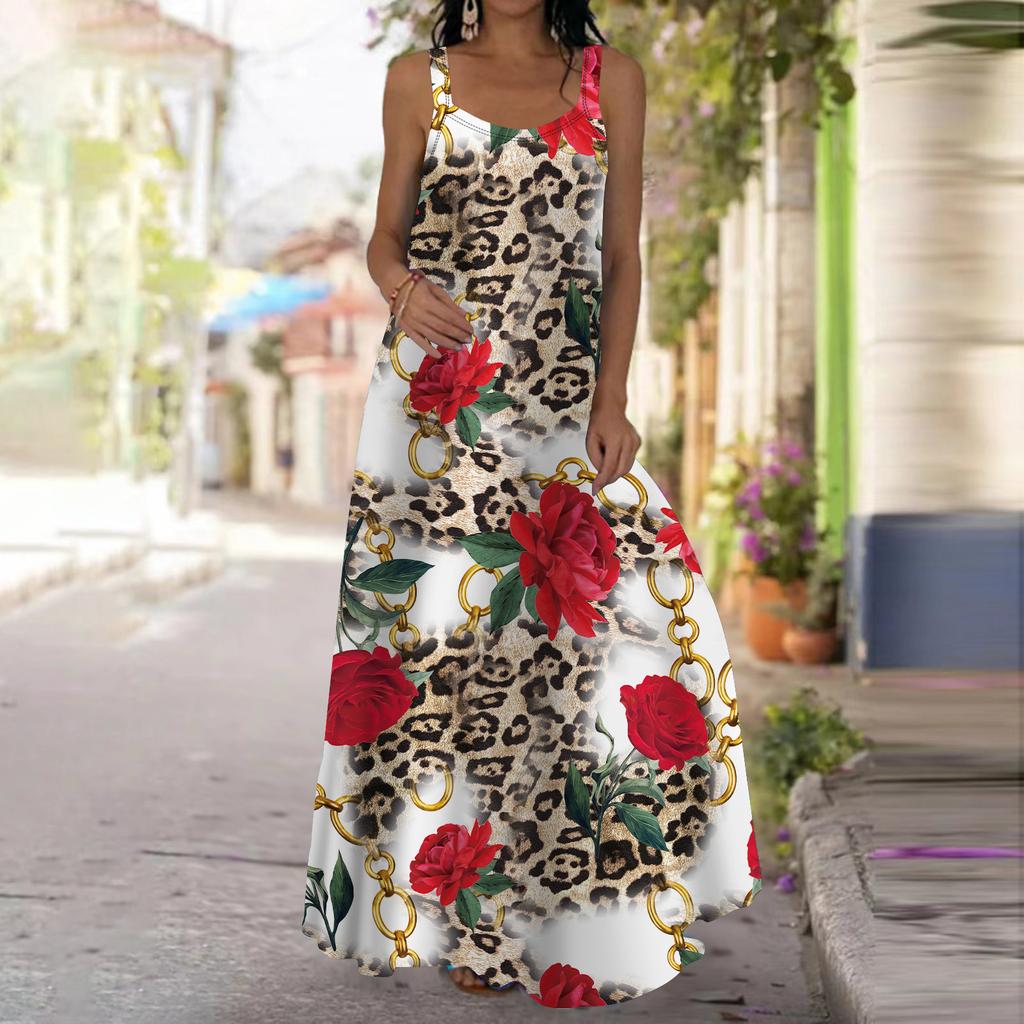 Damen Slip Dress Maxi Langes Kleid Rotes Kettenrosen-Printkleid Frühling & Sommer Freizeit Urlaub