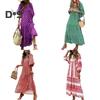 Women V Neck 3/4 Puff Sleeves Maxi Dress Bohemia Floral Print Stitching Flow Hem Loose Fit Beach Long Dress Casual Sundress