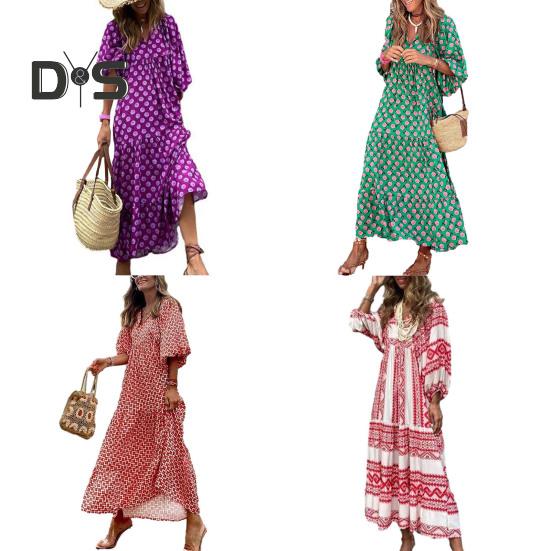 Women V Neck 3/4 Puff Sleeves Maxi Dress Bohemia Floral Print Stitching Flow Hem Loose Fit Beach Long Dress Casual Sundress