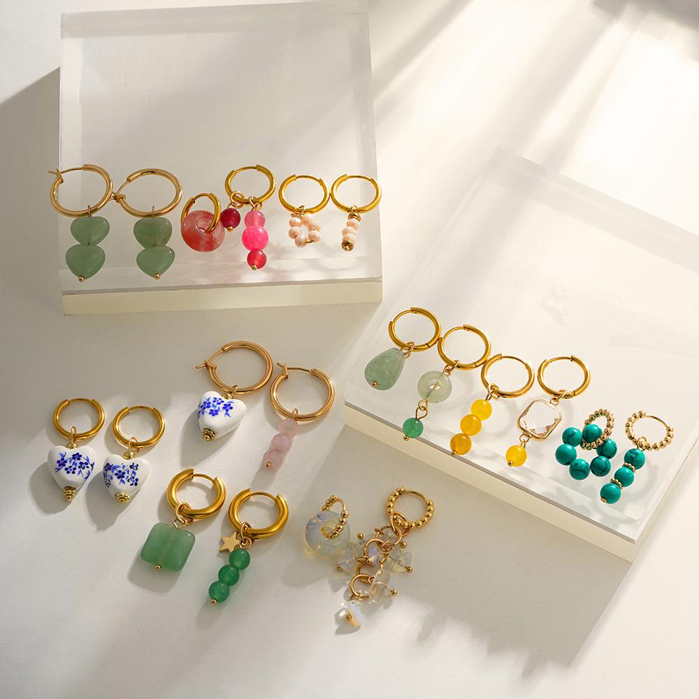 Bohemian Style Natural Stone Beads Irregular Pendant Earrings for Women Stainless Steel Hoops Earring Charm Summer Jewelry