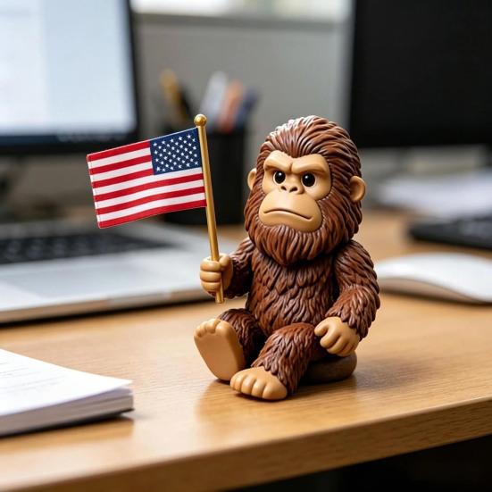 Vlastenecká figurka Big Foot Malá pryskyřičná figurka Big Foot držící americkou vlajku Soška Sasquatche Ozdoba na palubní desku auta Dekorace na stůl