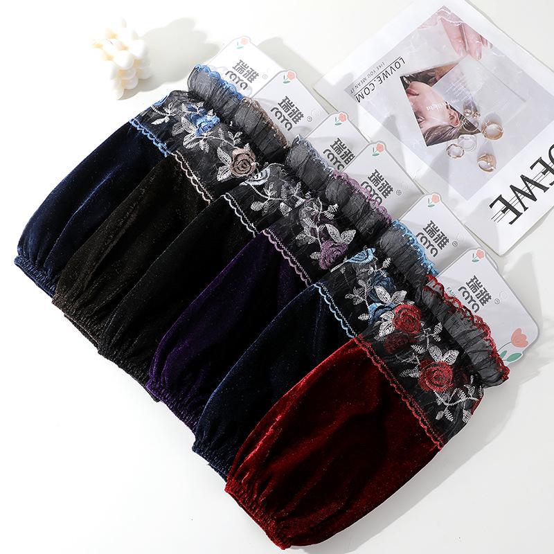 

Блузка с длинными рукавами и цветочным кружевом в стиле пэчворк из грязеотталкивающего бархата темно-золотистого цвета для женщин One Size