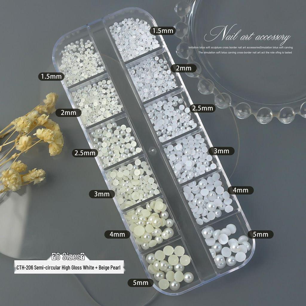 12-Grid High-Gloss Pearl Rice White Nail Art Decorations: 6-Piece Round and Half-Round Mixed Size Set