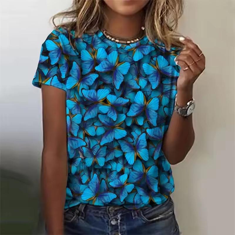 Summer Casual Short Sleeved Round Neck Top with 3D Printed Colorful Butterfly Pattern Women's T-shirts