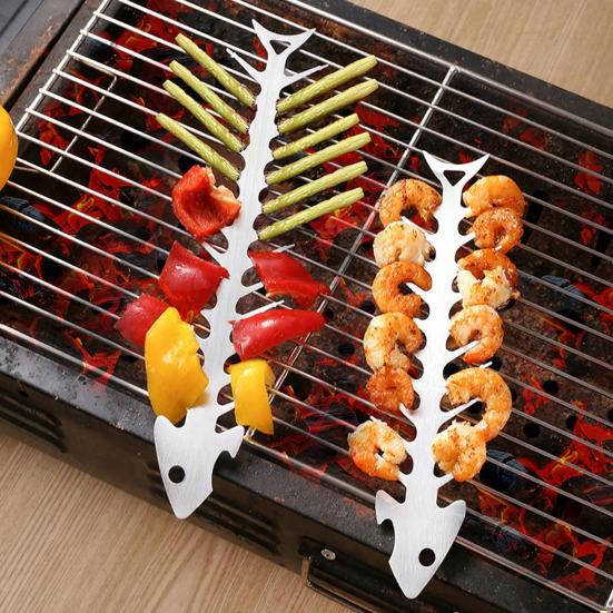 Barbecue Skewer Stainless Steel Roasting Fork Fish Bone Shape Outdoor Barbecue Skewer Non-stick Grill Fork
