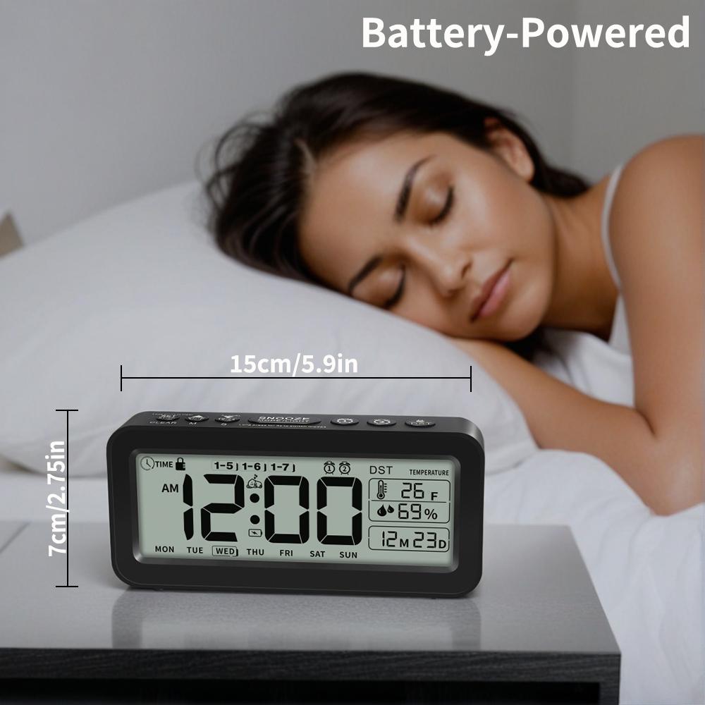 Digital Alarm Clock with Temperature Humidity Countdown LCD Calendar Weekday Display Battery Powered for Home Office Décor