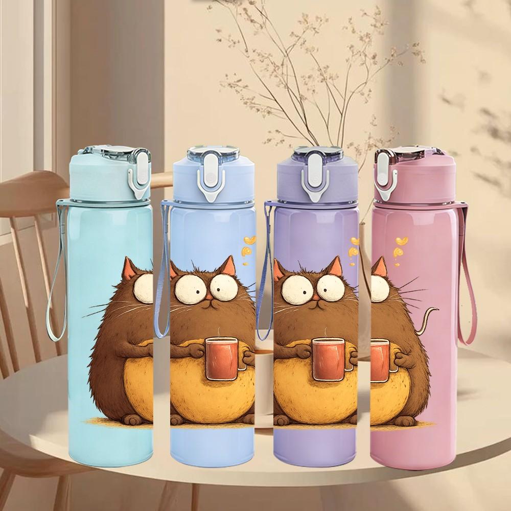 1PC Chubby Cat Mug Morning Coffee 750ml Color Plastic Sports Water Bottle Leakproof Flip Straw Lid Suitable for Sports Office Home Use