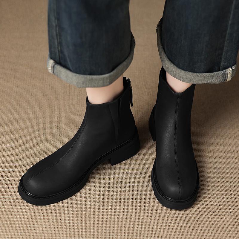 Fashion 2025 NEW Autumn Women Boots Split Leather Women Shoes Round Toe Chunky Heel Shoes Chelsea Boots Daily Shoes Platform Short Boots