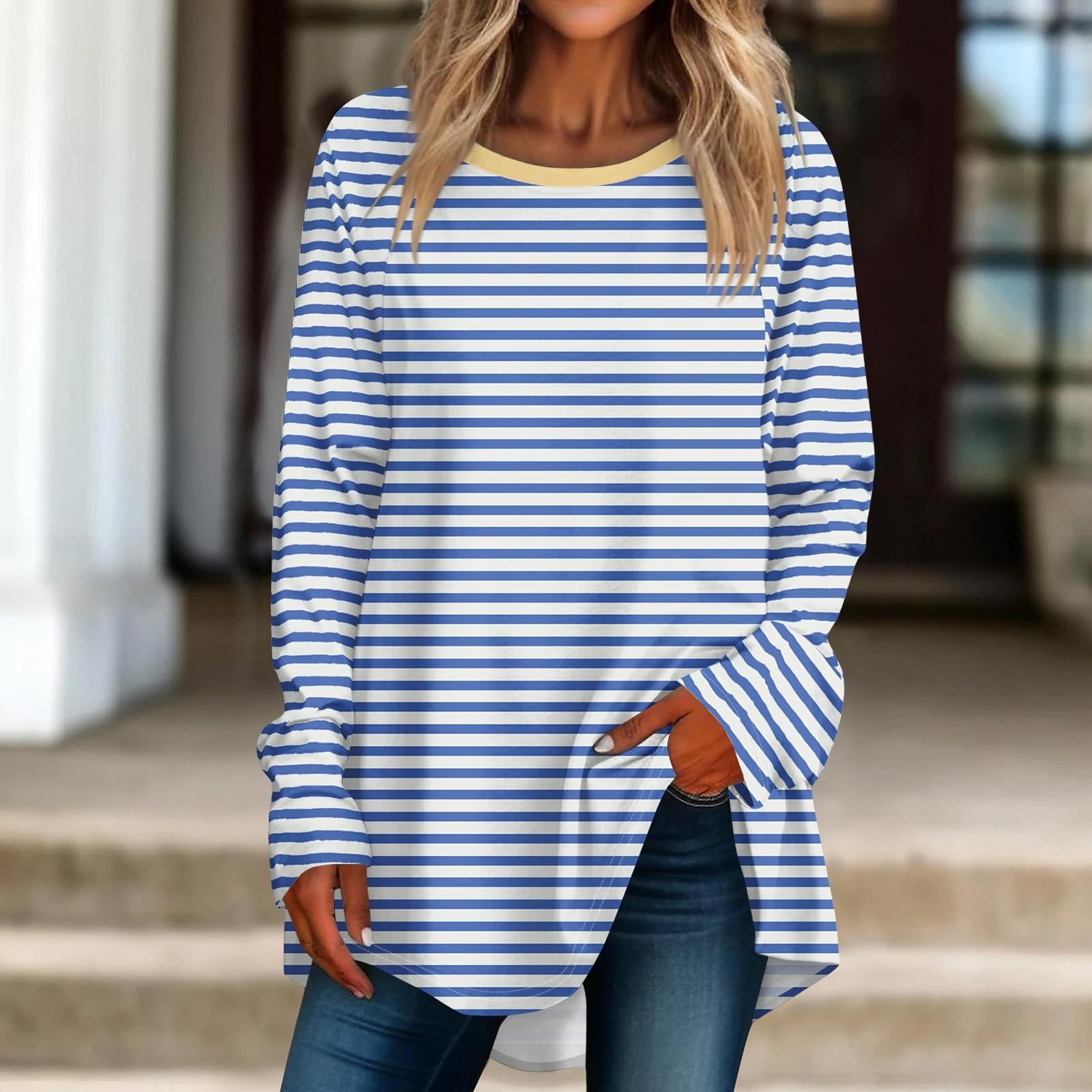

Женская негабаритная полосатая рубашка с длинными рукавами и круглым вырезом, полосатая футболка, верхний пуловер M синий