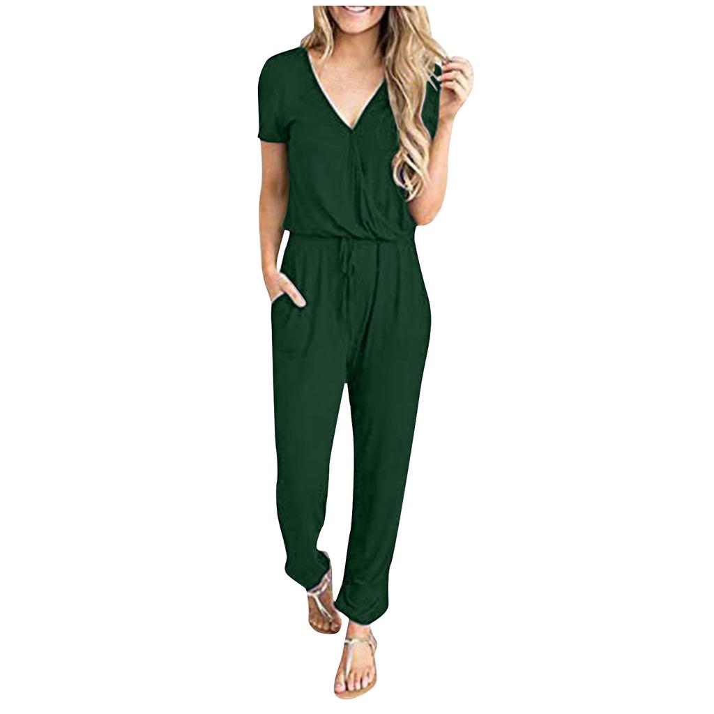 Women’s Sexy Deep V-Neck Short Sleeve Wrap Drawstring Waist Jumpsuit Romper With Pockets