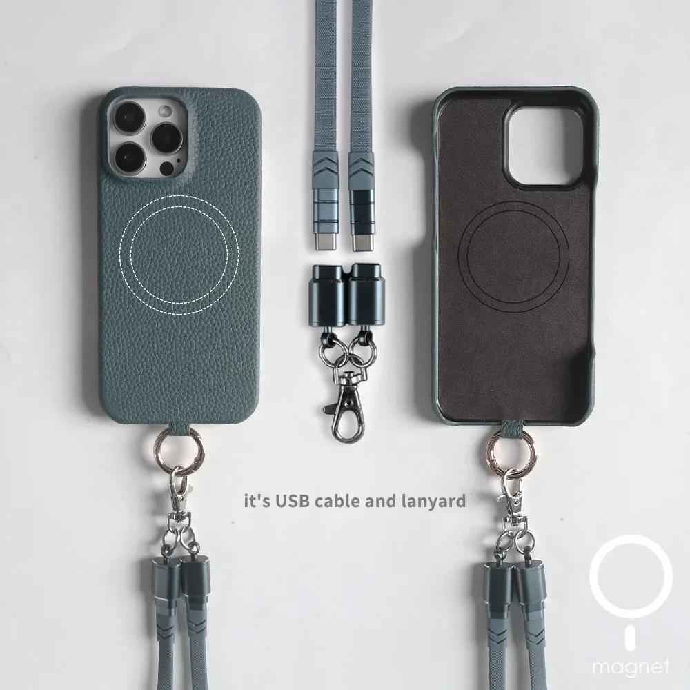 

Чохол для телефону з натуральної шкіри з можливістю налаштування та шнурком для заряджання для чохлів iPhone 16 Pro Max 15 14 13 12 11 Магнітна кришка Fundas For iPhone 16&Genuine leather