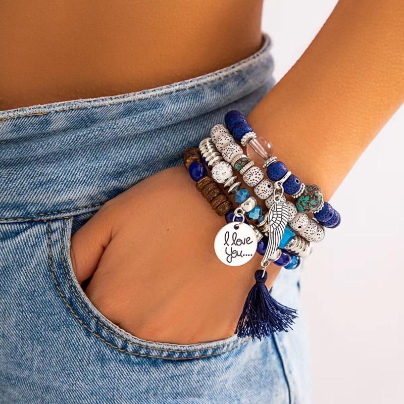 Pulseras de cuerda con cuentas de cristal Multicolor bohemias para mujeres y niñas, pulsera envolvente con dije de borla de corazón étnico, conjunto de brazalete, regalo de joyería