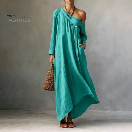 Mid-length Dress Summer Maxi for Women, Casual Loose One Shoulder Long Elegant Sleeve Dress, Flowy Beach Vacation Sundress wwith Pockets Versatile