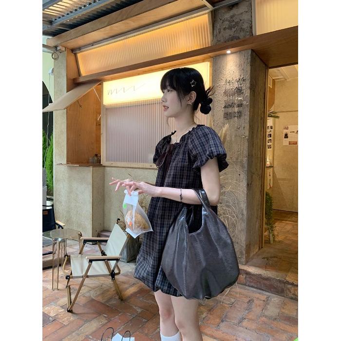 

2024 Summer Plaid Puff Sleeve Mid-Length Dress Large