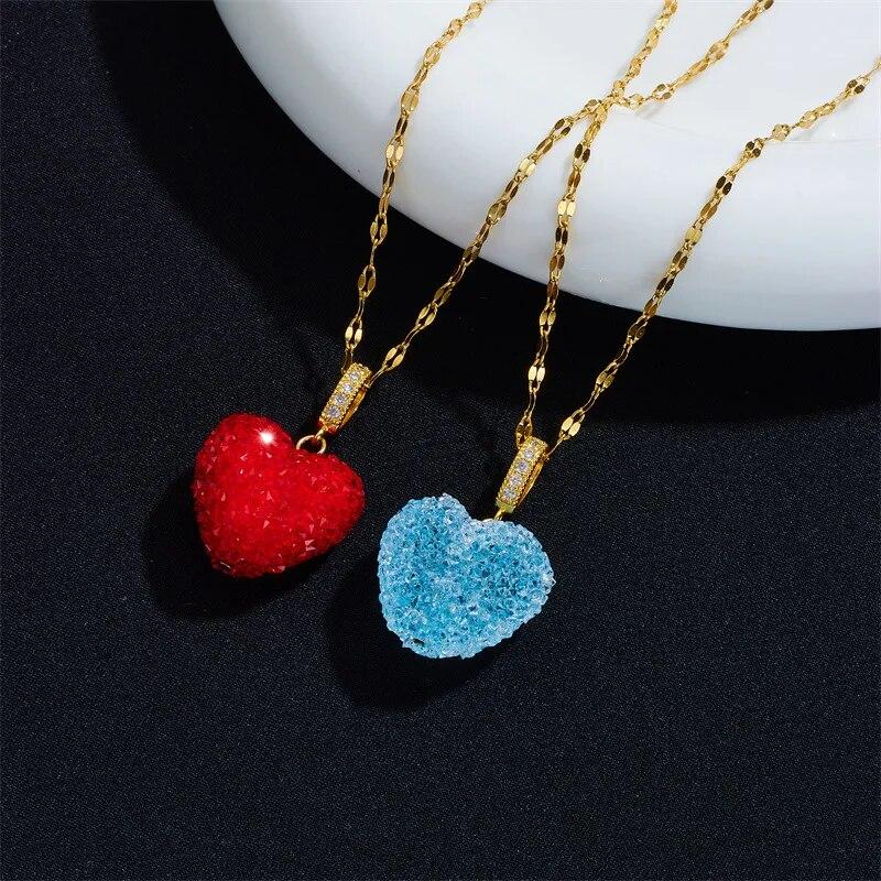 1 Pcs Romantic Candy Colored Love Copper Pendant Stainless Steel Chain Combination Of Temperament Peach Heart Necklace