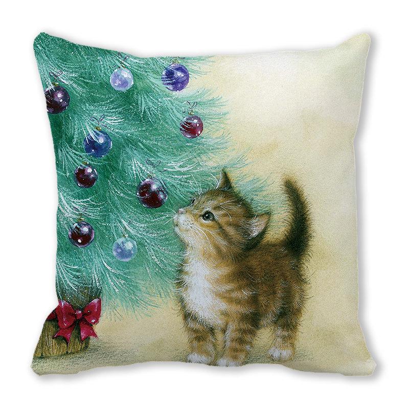 Pernă de canapea cu aspect de piele de piersică, model Crăciun Fericit, pisică și animal - ZT422