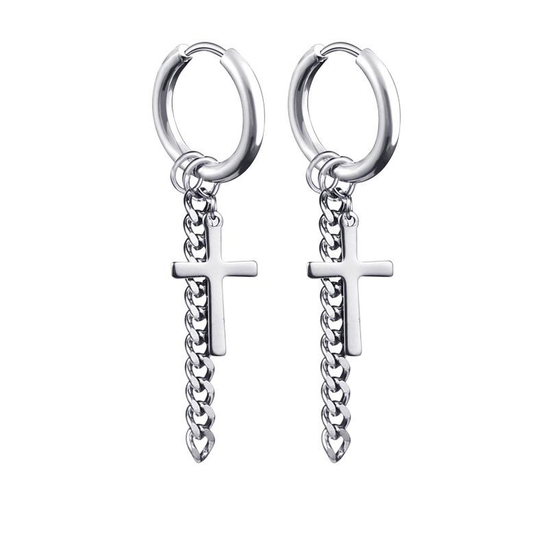 Newest 1 Pair Stainless Steel Cross Pendant Dangle Long Tassel Unisex Hoop Earrings Men/Women Punk Gothic Zircon Best Gifts