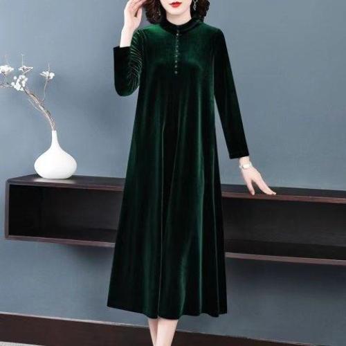 Women's Plus Size Dress Long Gold Velvet Dress Loose Retro Solid A-Line Dress Spring Autumn