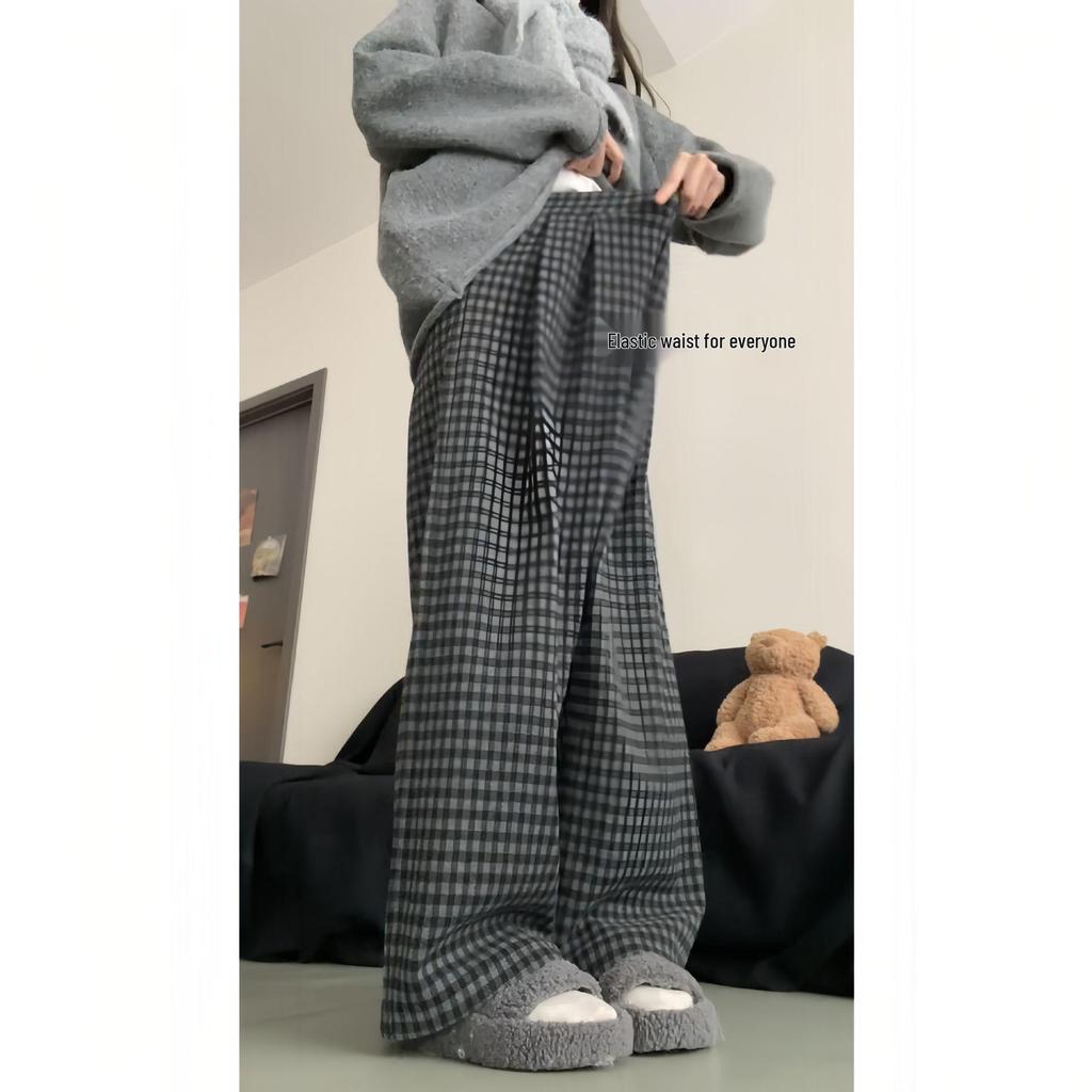 Retro Color Block Plaid Fleece-Lined Wide-Leg Pants - Women's Autumn/Winter Loose Casual Style