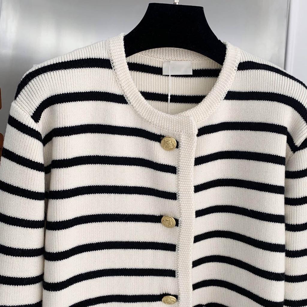 Gold Buckle Contrasting Stripe Round Neck Small Fragrance Style Knitted Cardigan Women's Spring and Autumn French Loose Short Outer Sweater Jacket