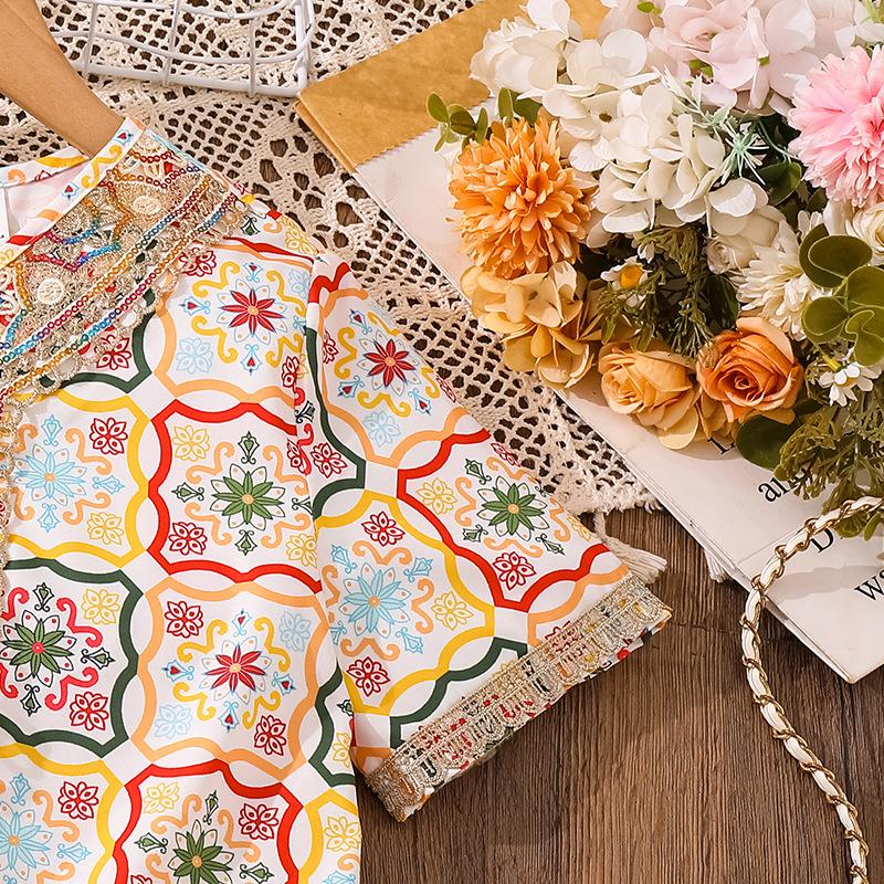 Girls' Big Kids Dress Children's Clothing Summer New Vintage Multi-color Checkered Floral Print Short Sleeve Dress