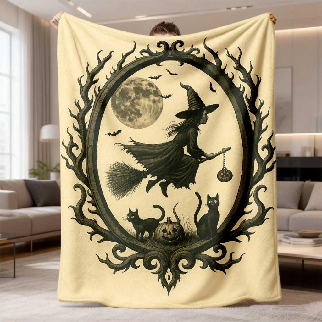 2026 Latest Flannel Blanket | Mystical Witch, Pumpkin, Cats & Full Moon Design | Soft Warm Throw, All-Season Cozy Blanket for Home, Camping, Movie Nig
