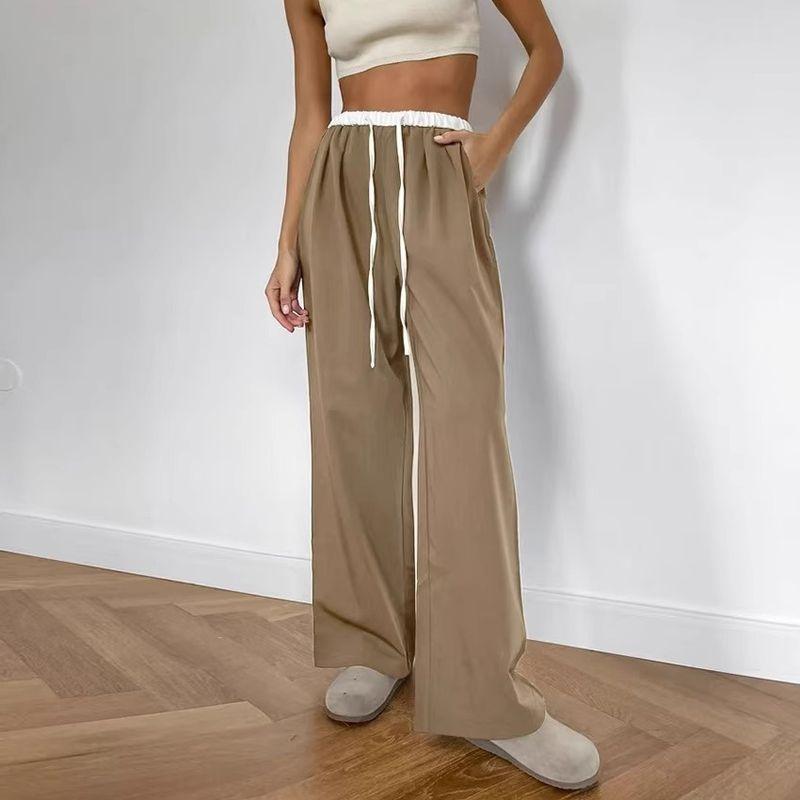 Western Style New Contrast Color Trousers Drawstring High Waist Straight Casual Pants Drawstring Casual Pants