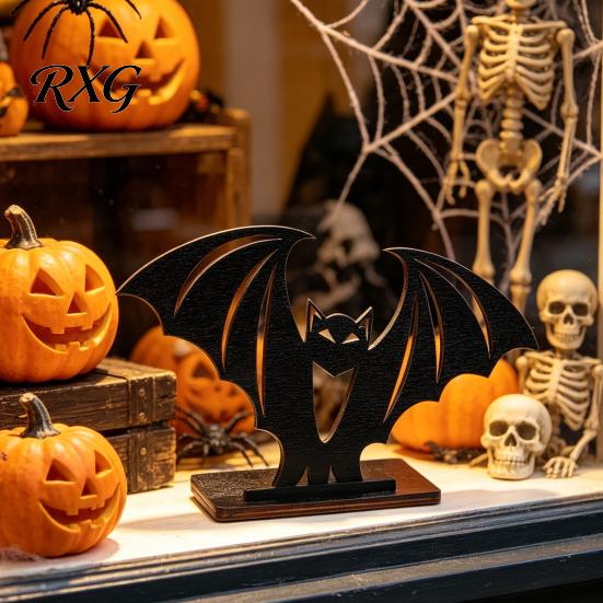 Halloween Desktop Decor Bat Ornament, Solid Wood Tea Candle Holder, Black Table Ornament Spooky Decoration, for Electronic Candles Horror Atmosphere