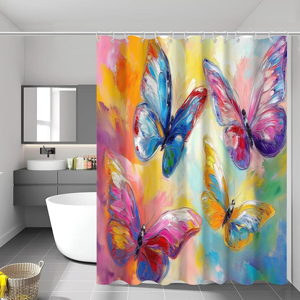 Cute Colorful Butterfly Shower Curtain Artistic Design Bathroom Decor Nature Theme Waterproof Bath Curtain