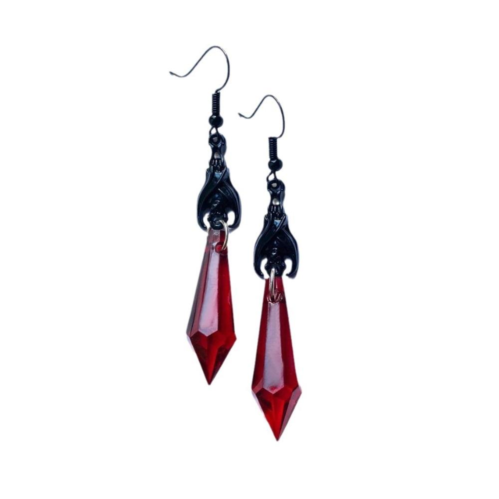 Charm Gothic Black Vampire Bat Red Teardrop-shaped Glass Crystal Pendant Dangle Earrings for Women Halloween Jewelry Accessories