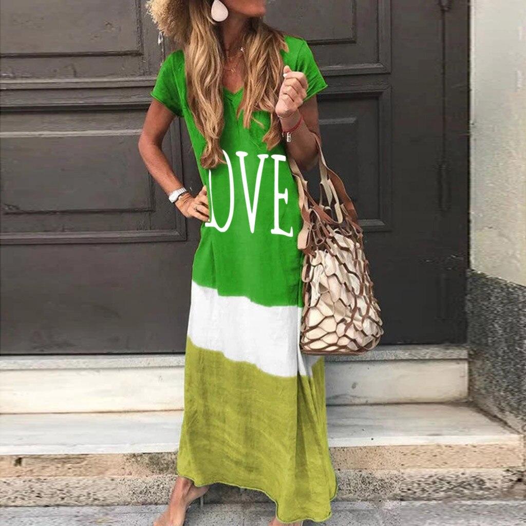 Long Dress Summer Dress Women Letter Print Patchwork Sundress Casual Loose Plus Size Sexy V Neck