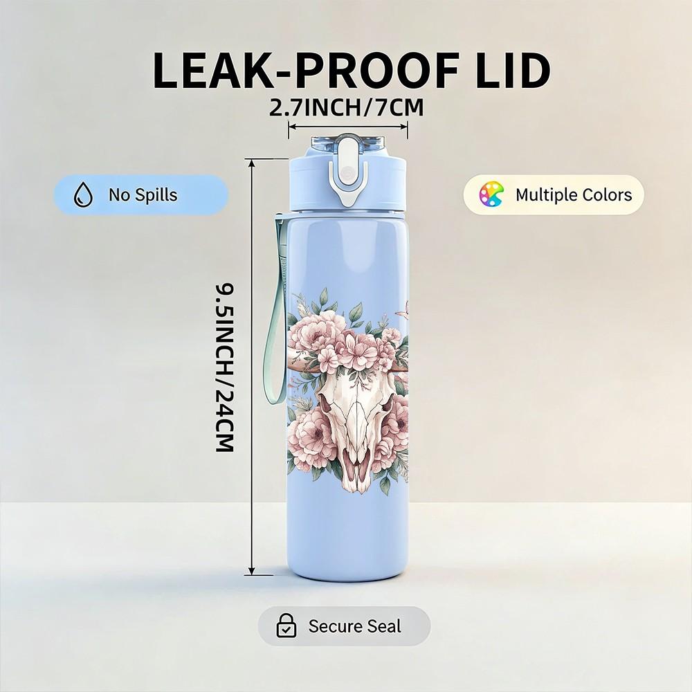 1PC Cow Skull Rose Western Floral Print 750ml Color Plastic Sports Water Bottle Leakproof Flip Straw Lid Suitable for Sports Office Home Use