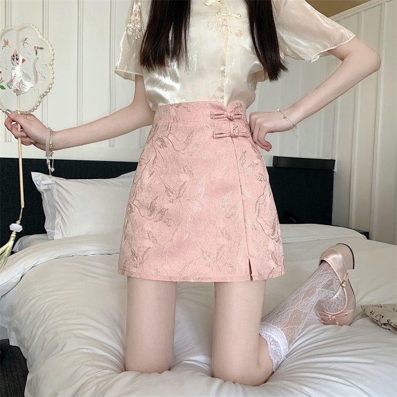 Slit Bodycon Mini Skirt Women's Summer Neo-Chinese Jacquard Frog Button Midi Skirt Anti-Sheer High Waist Slimming A-Line