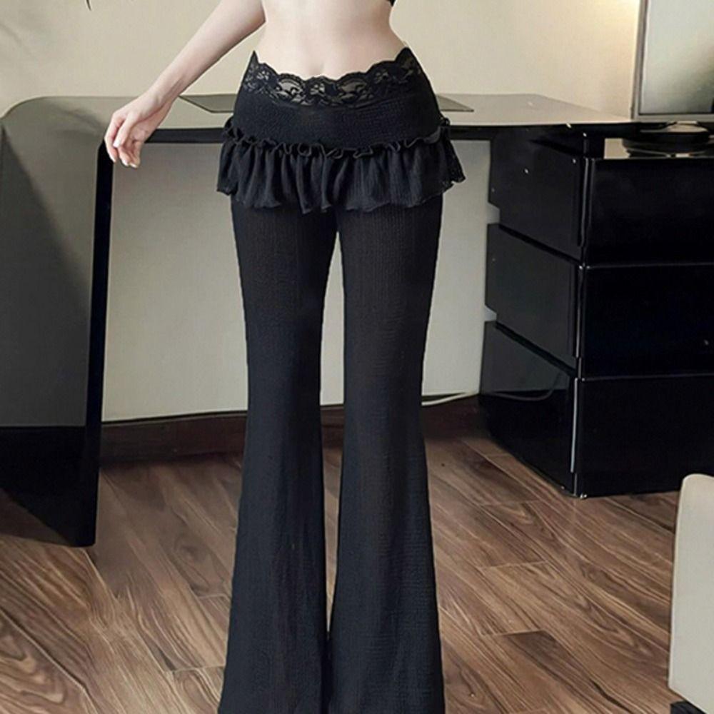 

Black Lace Wide Leg Pants Sweet Bell-bottom Trousers Fashion Casual Pants for Women Party M чорний