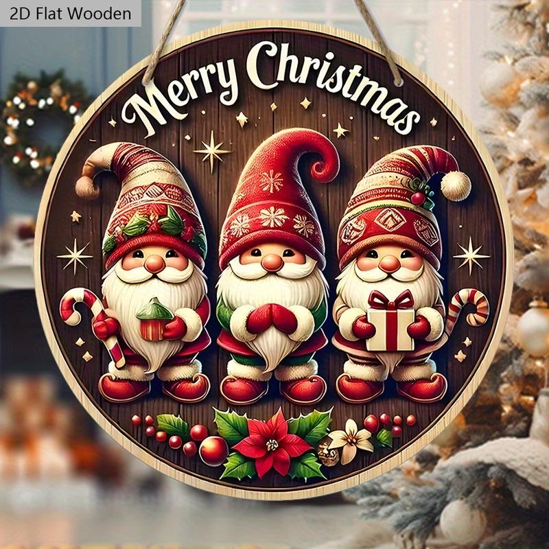 Christmas Wooden Sign with Gnomes Pattern - Merry Christmas Round Sign for Yard Door Wall Hanging Decor - Ideal Christmas Decoration