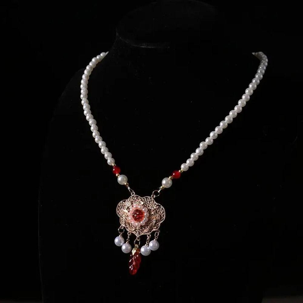 Chinese Style Vintage Hanfu Necklace Flower Ruyi Pearl Choker Longevity Lock Pendant  Party