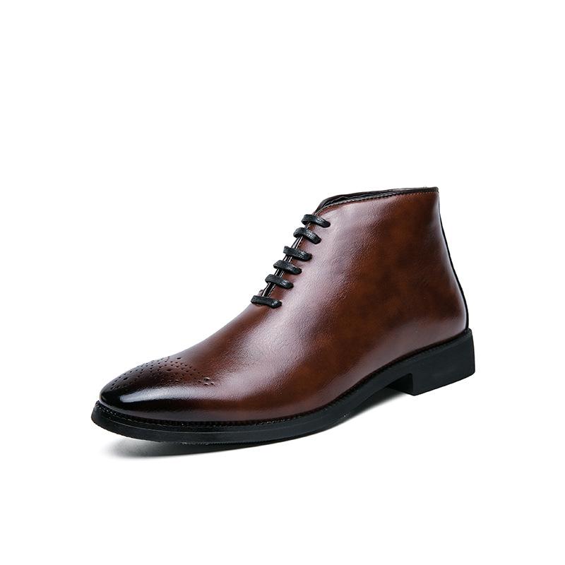 Large Size Medium Tube Fashion Men's Shoes Spring and Autumn New Outer Wear Polished Pointed Leather Boots High Top Lace-up Casual Boots