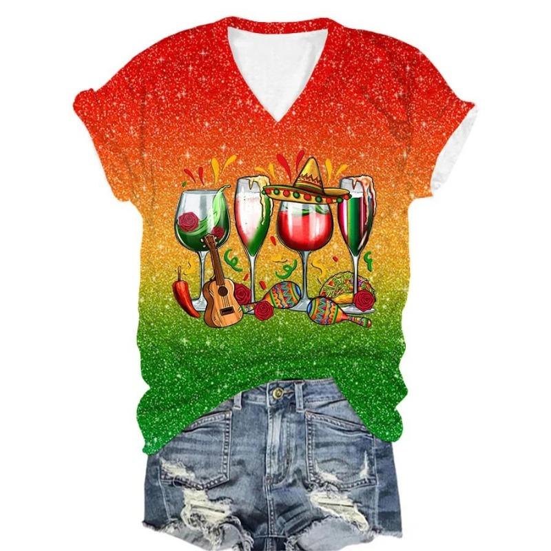 Damen 3D-Druck T-Shirt Kurzarm V-Ausschnitt Freizeit-Top für Sommer & Frühling T-Shirts