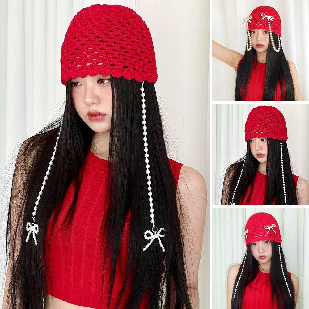 

Hollowed Out Knitted Hat Bowknot Skullies Hat Breathable Beret Cap for Women красный