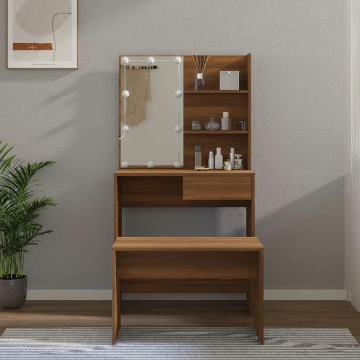 VidaXL Ensemble de Coiffeuse avec LED Table Cosmétique Coiffeuse de Maquillage Table à Bijoux Chambre à Coucher Chêne Marron 3114114