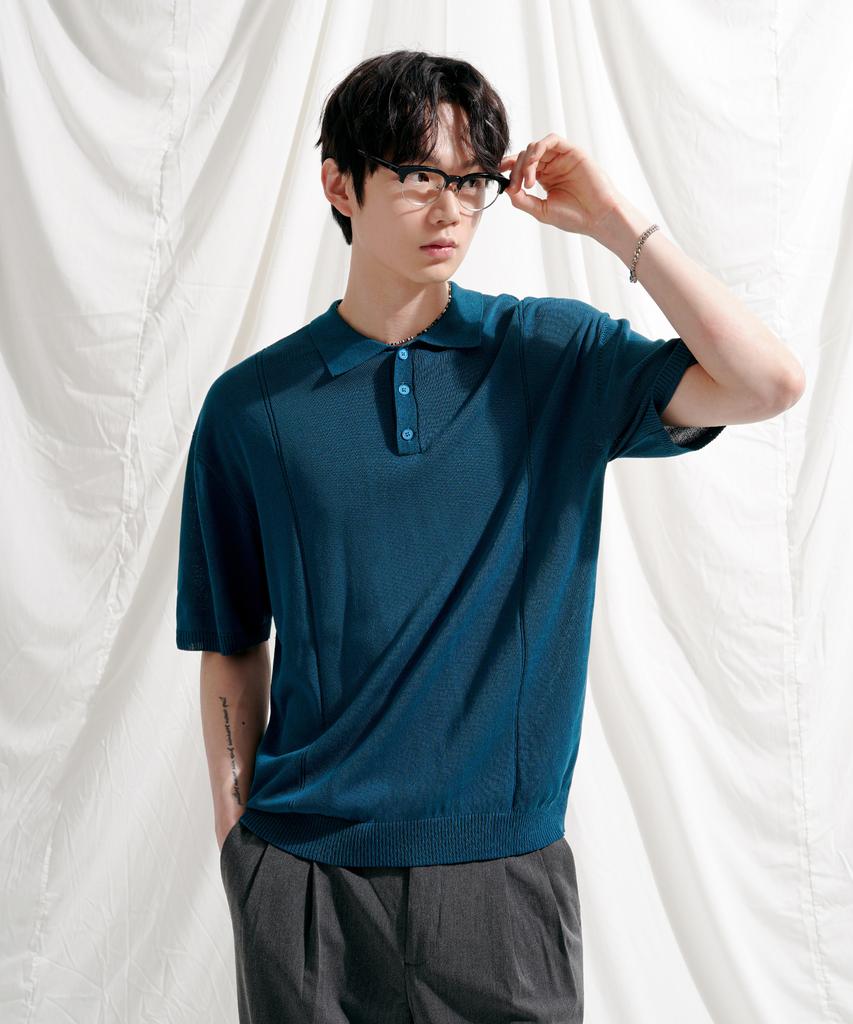 JEMUT Epic Like Linen Short Sleeve Collared Knit Blue Sokn2562
