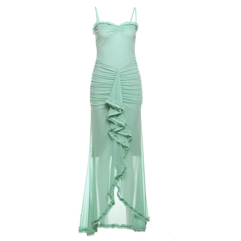 Women's New Style Temperament Sexy Backless Mesh Suspender Long Skirt Solid Color Slim Dress