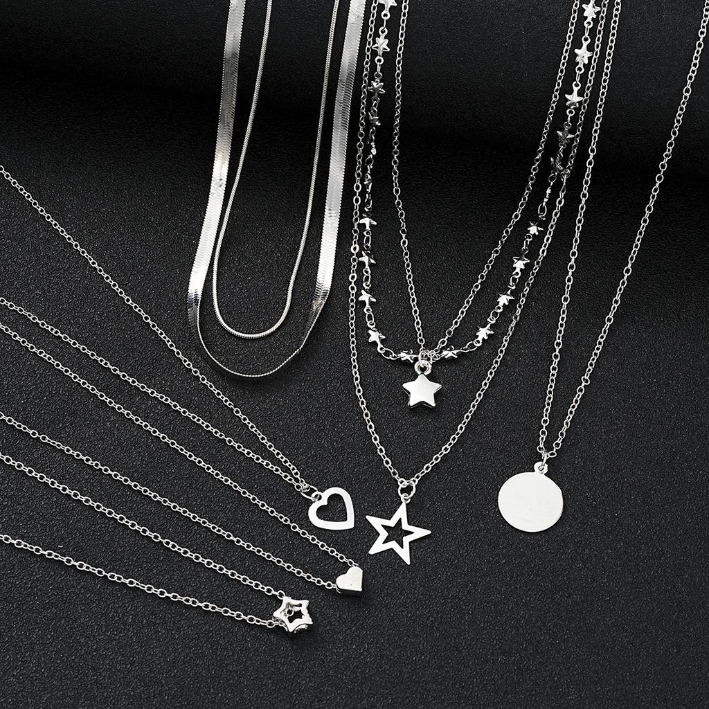 9 Pcs Simple Choker Necklaces for Women Fashion Love Heart Star Pendant Layered Necklace Jewelry Gift European and American