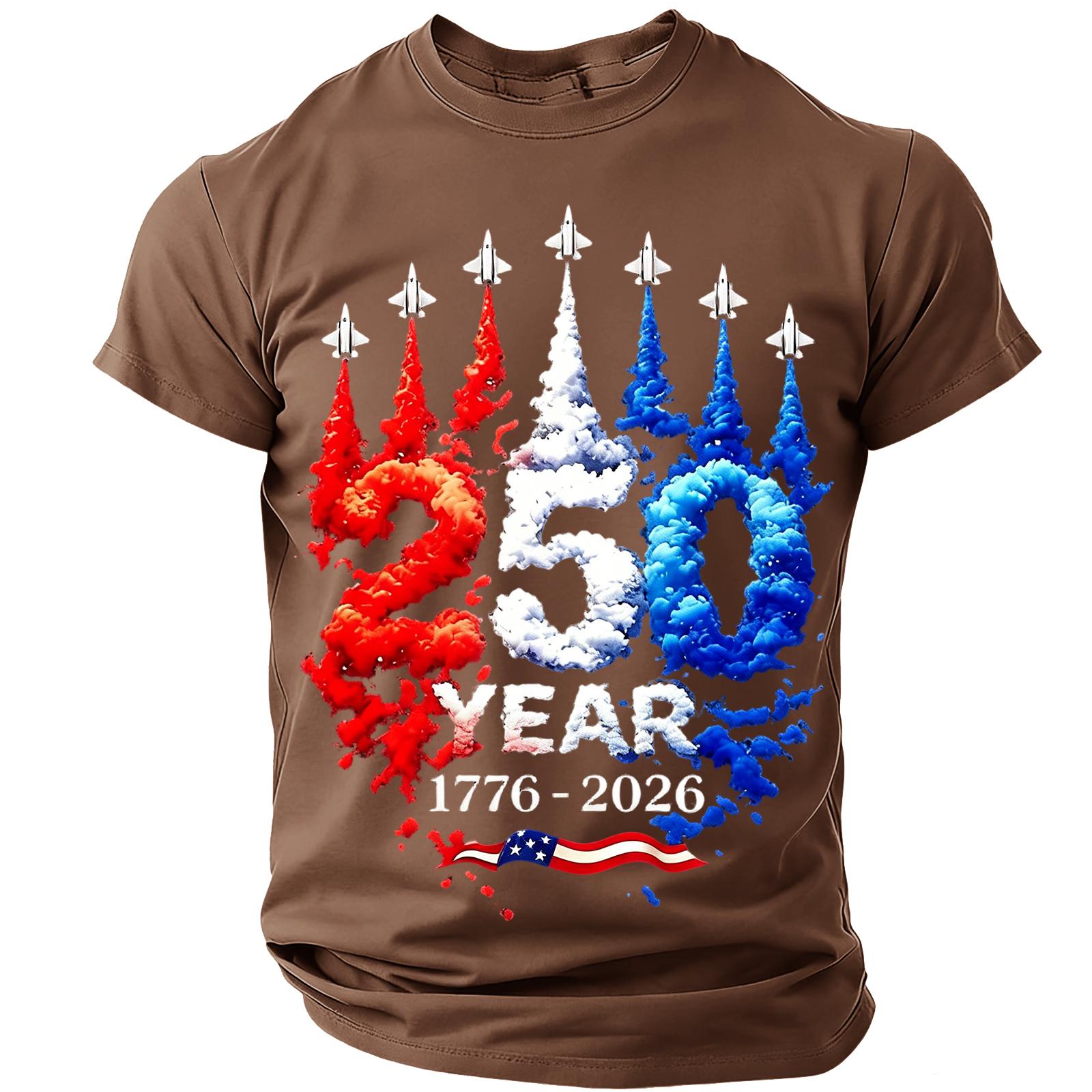 

Short Sleeve Crew Neck T Shirt with 250 Year 1776 2026 Graphic Print and Jet Pattern for Daily Wear Unisex Fit XXXXL коричневий