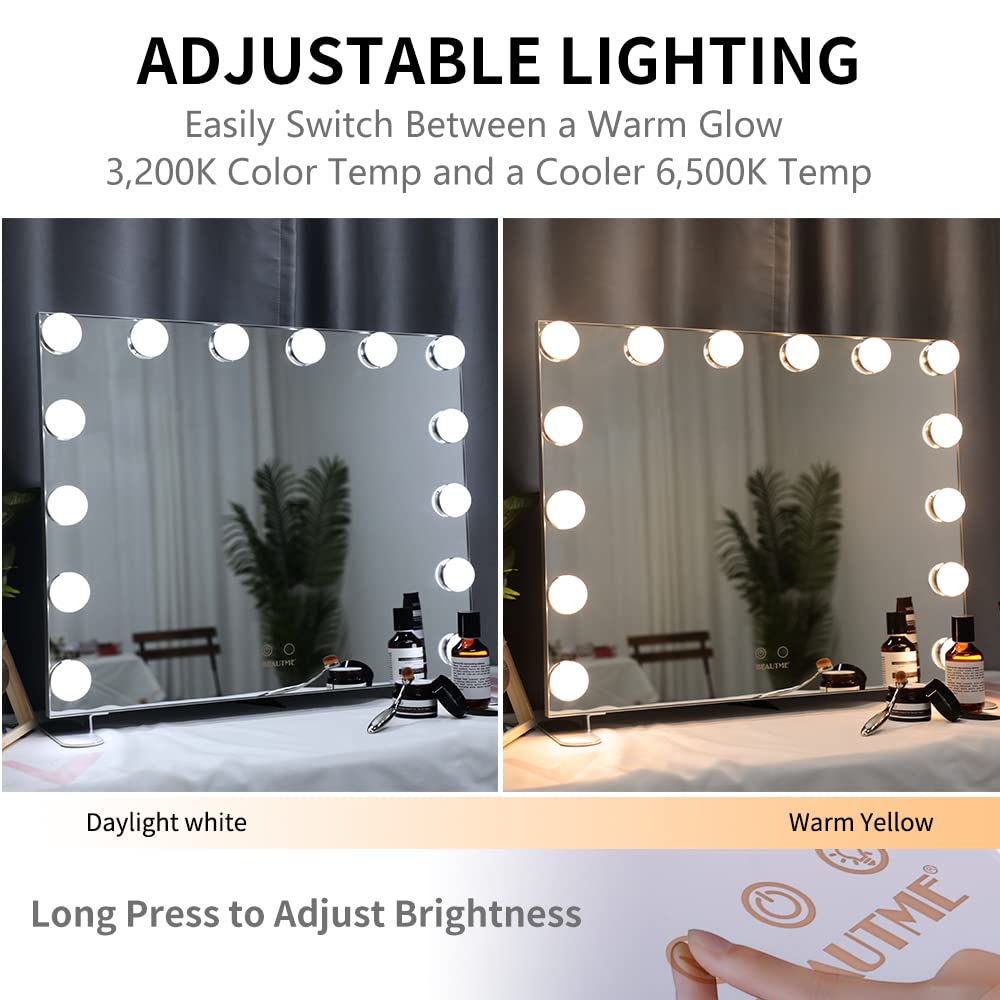 Wonstart Hollywood-Tischspiegel für Schauspielerinnen mit 14 warmen und kühlen LEDs, 2-farbiges Licht, verstellbarer Spiegel mit Tisch-LED, geeignet für Tischspiegel