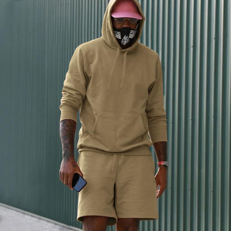 Men's Fleece Hoodie Shorts Two-piece Loose Solid Color Casual Sports Men's Suit