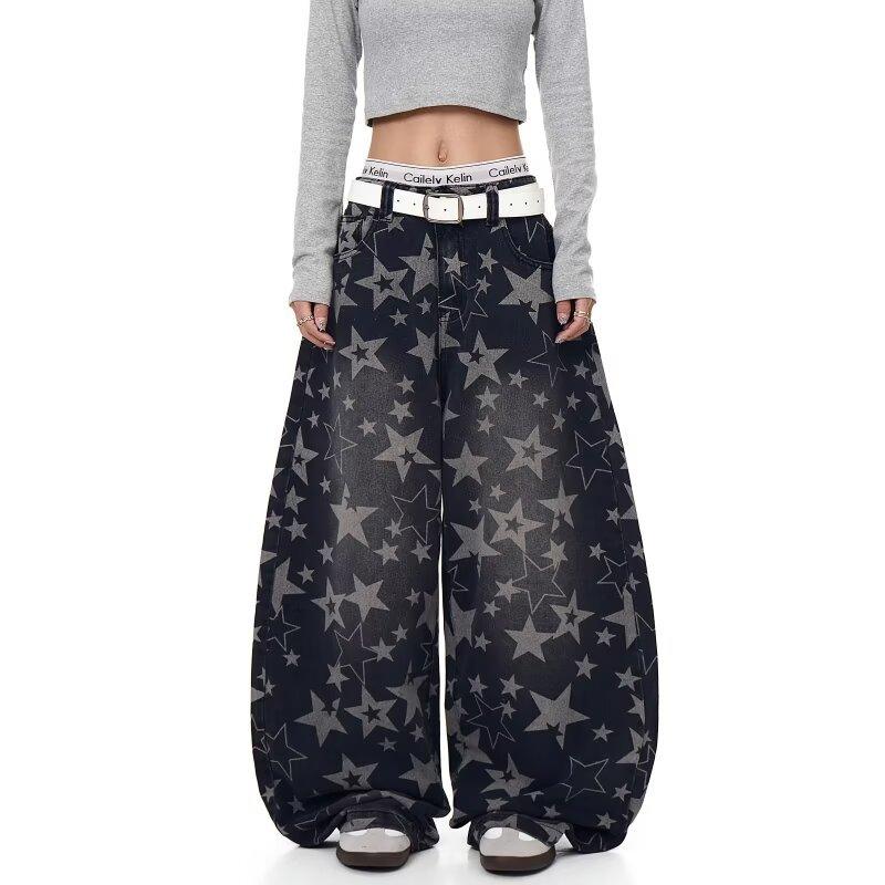 Jeans Larghi Unisex a Vita Media Deostrutturati Vestibilità Larga Vintage Americano Lavato Baggy in Denim Pantaloni Rilassati Lunghi Fino a Terra