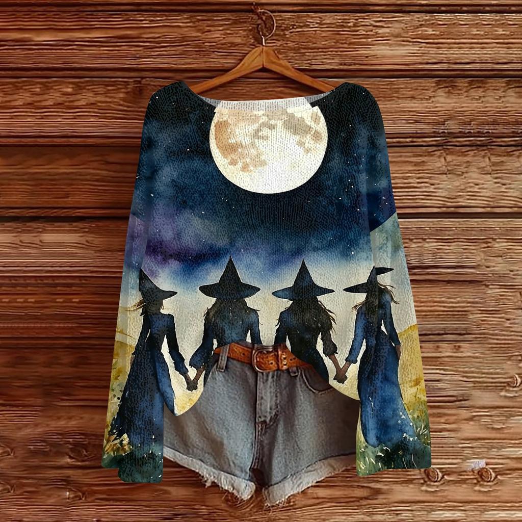 Women's Casual Long Sleeve Halloween Print Round Neck Knit Pullover Sweater Top