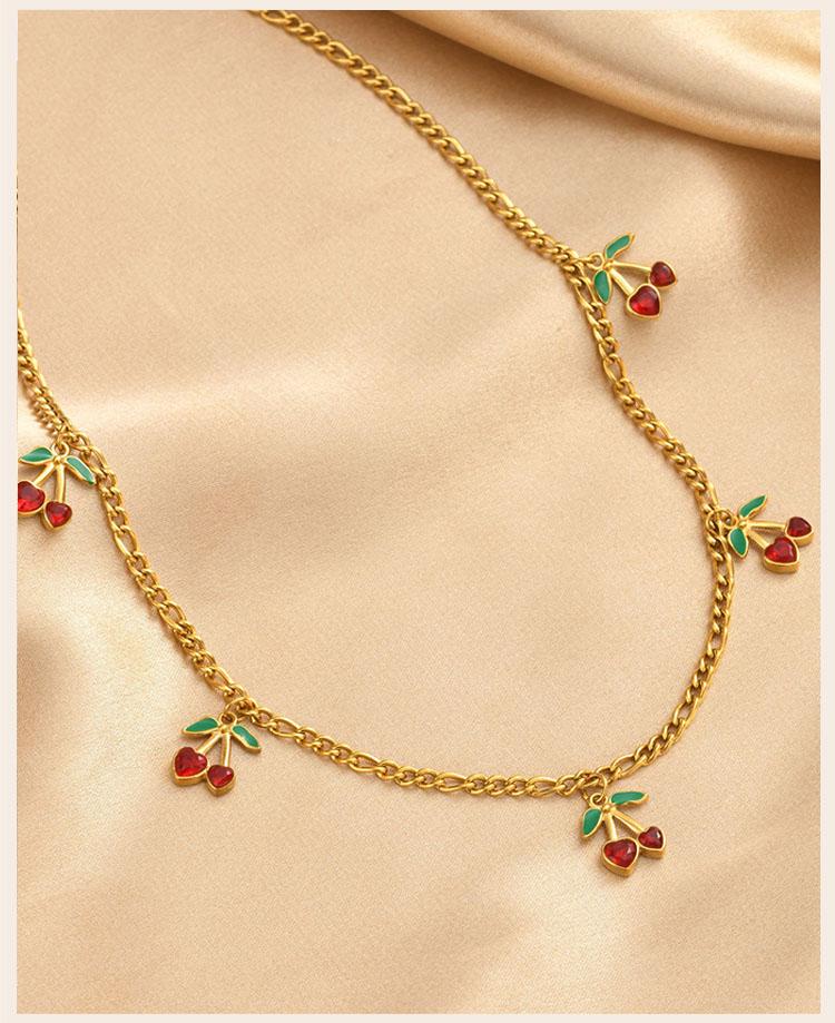 Cherry Necklace Red Zircon Fruit Charm for Women Cuban Chain Stainless Steel 18K Gold Plated Waterproof Summer Beach Y2K Jewelry